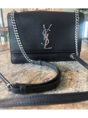 SAINT LAURENT Sunset Medium Black Leather Shoulder Bag Silver AUTH